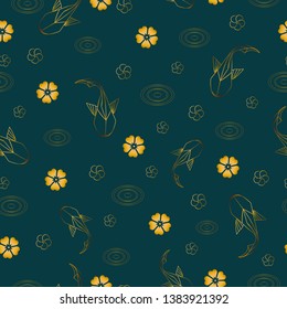 Fish, circles on the water and flowers pattern. Origami koi fish. Carp silhouette. Seamless pattern. Aqua background . For cloth, fabric, wrapping paper, home decor.