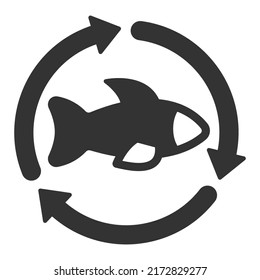 Flechas de peces y circulares, volumen de negocios de la industria pesquera - signo vectorial, icono web, ilustración sobre fondo blanco, estilo glifo