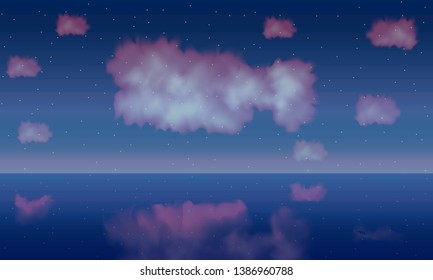 Fish cloud fantasy and star on blue sky at sea. Vector illustration.