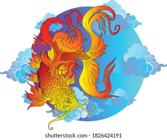 fish and Cloud  tattoo doodle illustration  pattern  with isolate background and colorful tone