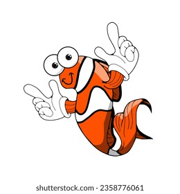 A fish clown who smiles with fins pointing fingers