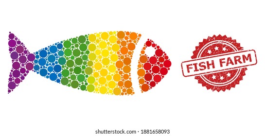 Fish collage icon of filled circle spots in different sizes and LGBT color hues, and Fish Farm textured rosette stamp seal. A dotted LGBT-colored Fish for lesbians, gays, transgenders,