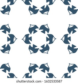 The fish are collected in a circle, a seamless pattern. Blue and white. Flat Vector. For fabric, wrapping paper, background, Wallpaper, bag template, cover and other surface