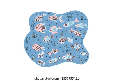 Fish collection isolated. Cute underwater composition with  fish characters in flat style. Vector color illustration.