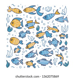 Fish collection isolated on white background. Cute aquarium fish characters in doodle style. Vector color illustration.