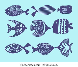 Fish collection marine life element clip art sea animal  vector silhouette isolated editable