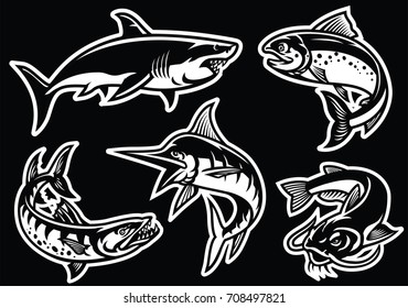 Fish collection set in black and white