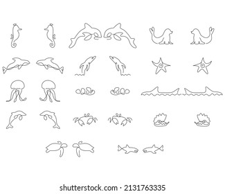 fish collection set hand drawn line art clown fish dolphin shark crab starfish shell seal 