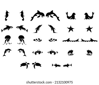 fish collection set hand drawn line art clown fish dolphin shark crab starfish shell seal 