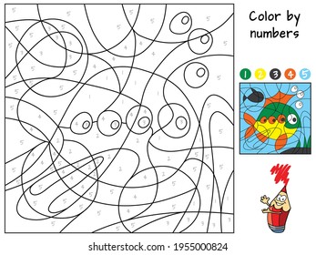 Fish. Color by numbers. Coloring book. Educational puzzle game for children. Cartoon vector illustration