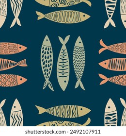 Fish in colorful abstract seamless pattern. Vector illustration.