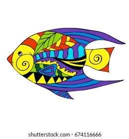 Fish colorful doodle with abstract pattern. Vector illustration. Hand drawn zentangle. Ornamental pattern for print, poster and t-shirt design.