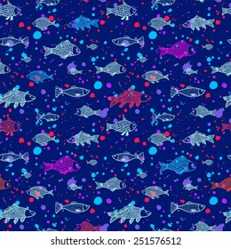 Fish colorful seamless pattern with splash on blue background