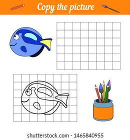 Fish coloring book Copy on the grid. With a sample of blue tang fish and bubbles. Leisure development. Game for children magazine. Cartoon Aquarium sea life. Page of the worksheet. Repeat image