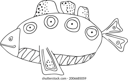 Fish coloring book in doodle style, vector image in linear black and white color