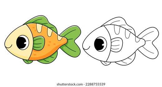 Fish coloring book with coloring example for kids. Coloring page with fish. Monochrome and color version. Vector children's illustration