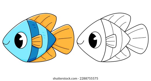 Fish coloring book with coloring example for kids. Coloring page with blue fish. Monochrome and color version. Vector children's illustration