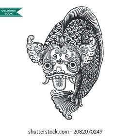 Fish coloring book illustration, zentangle animal