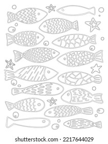 Fish for coloring book. Coloring book for kids. Vector pattern black and white illustration can be used for coloring book.