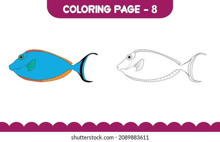 Fish Coloring book page for kids. Black and white page for baby coloring book.Vector Cute Cartoon Fish.