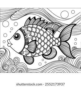 A fish coloring book page for kids vector art illustration on white background.