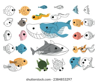 Fish coloring book set, vector design for children education, kid educational game page.