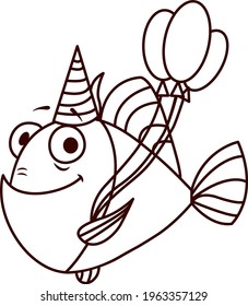 fish coloring book smiling with three balls in a hat