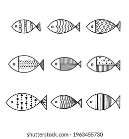 Fish. Coloring. Line illustration. Cute set.