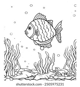 Fish Coloring page for baby coloring book, vector Illustration seawater cute fishes activity worksheet for children.