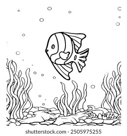 Fish Coloring page for baby coloring book, vector Illustration seawater cute fishes activity worksheet for children.