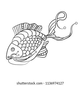 Fish in coloring page for childrean and adults in ornamental graphic vector illustration with beads and decorative curls