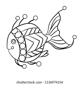 Fish in coloring page for childrean and adults in ornamental graphic vector illustration with beads and decorative curls