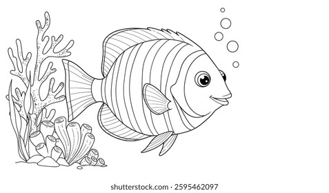 A fish coloring page with a coral reef and an underwater world