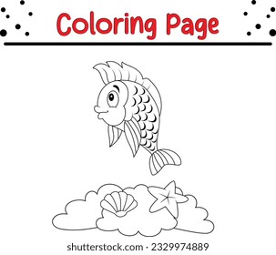 Fish coloring page. Cute Sea Animals Coloring book .Cartoon underwater animals black and white.
