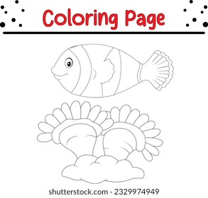 Fish coloring page. Cute Sea Animals Coloring book .Cartoon underwater animals black and white.