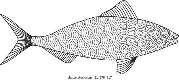 Fischfarbseite,
handgezeichneter Fisch, Vektorgrafik