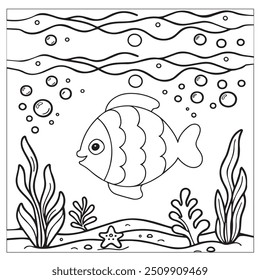 Fish Coloring page for kids coloring book, vector Illustration seawater cute fishes activity worksheet for children