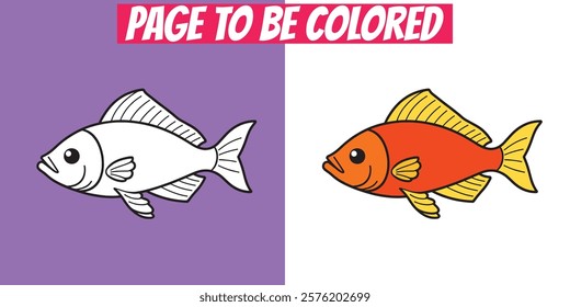 Fish coloring page with simple line art and a colored version. Ideal for kids, preschoolers, and ocean-themed educational activities or coloring books