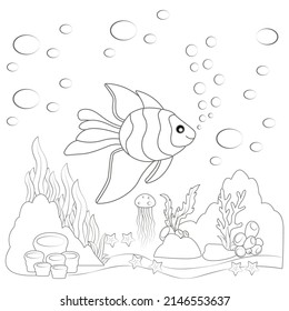 Página De Coloración De Peces Bajo El Agua Con Burbujas