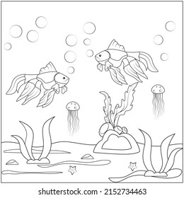 Fish Coloring Page Under Water With Bubbles