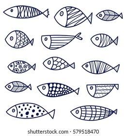 Fish. Coloring. Set. Cute line illustration.