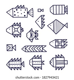 Fish. Coloring. Set. Line design.