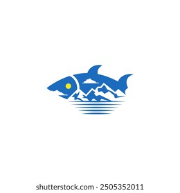 Combinación de peces con diseño de logotipo de paisaje de montaña.