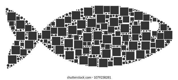Fish composition icon of square shapes and spheric dots in different sizes. Vector items are organized into fish collage design concept.