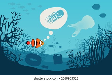 FISH CONFUSES A PLASTIC BAG FLOATING IN THE WATER WITH A JELLYFISH. SOME OTHER PLASTIC WASTE IS SEEN IN THE WATER