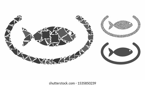 Fish container ring composition of irregular items in different sizes and color hues, based on fish container ring icon. Vector humpy items are composed into composition.