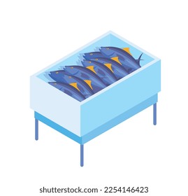 Fish in containers concept. Fresh products and healthy fats and trace elements, vitamins. Poster or banner for website. Transportation and production. Cartoon isometric vector illustration