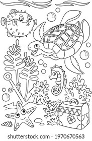 Fish contour. Children's illustration. Animals coloring page. Sea creatures drawing. Underwater world coloring book. 