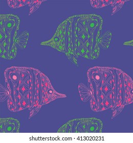 fish contour color on a blue background vector, Aquarium fish, zentagle, vector illustration