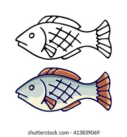 Fish, contour drawing and color vector image.